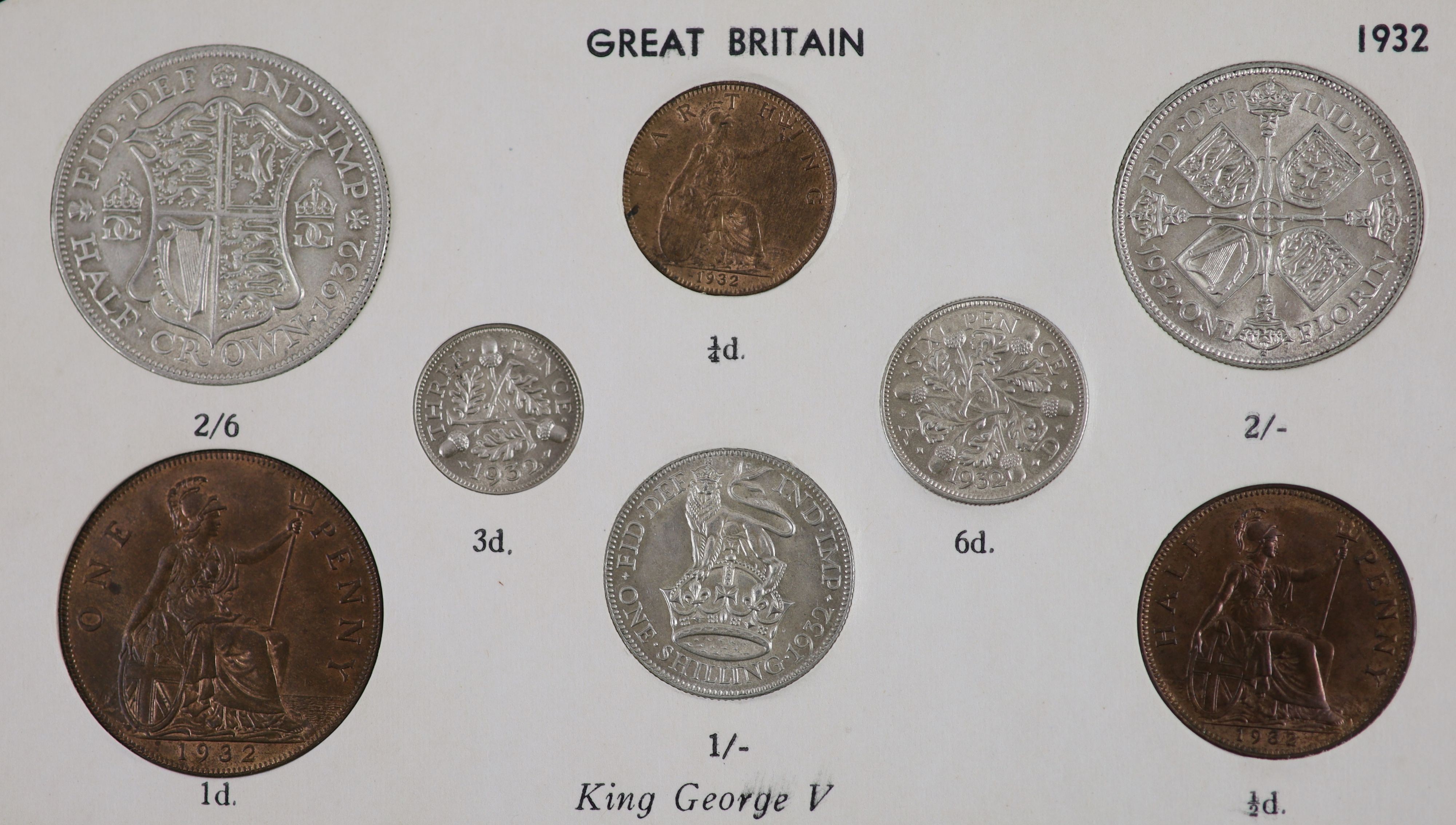 A George V specimen set of nine coins, 1932, fourth coinage, comprising Crown, (S4036), cleaned otherwise about EF, halfcrown and florin, cleaned otherwise good VF or better, shilling, sixpence and threepence, cleaned ot